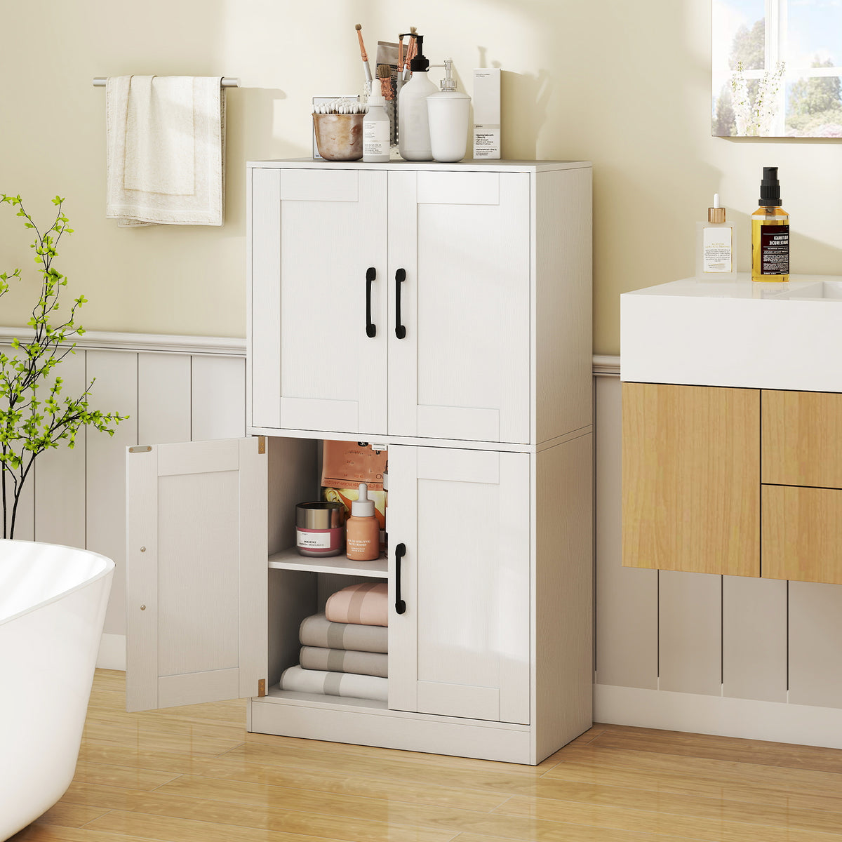 Bathroom Storage Cabinet - 43.5" White Wood with Adjustable Shelves-Floor Cabinets-DECOROLALA