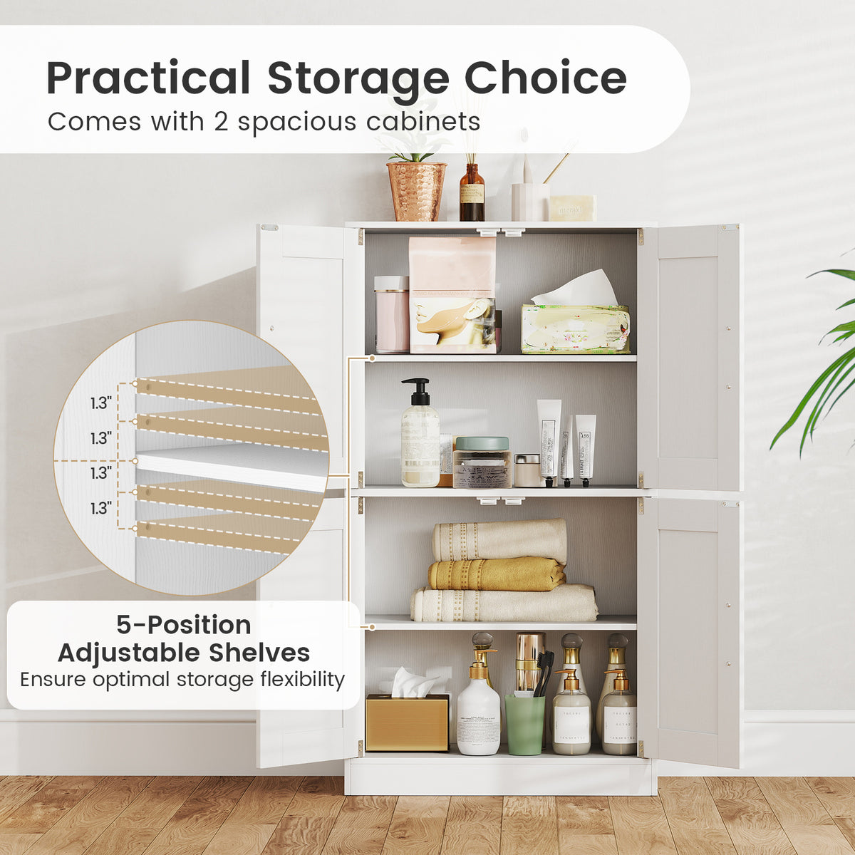 Bathroom Storage Cabinet - 43.5" White Wood with Adjustable Shelves-Floor Cabinets-DECOROLALA