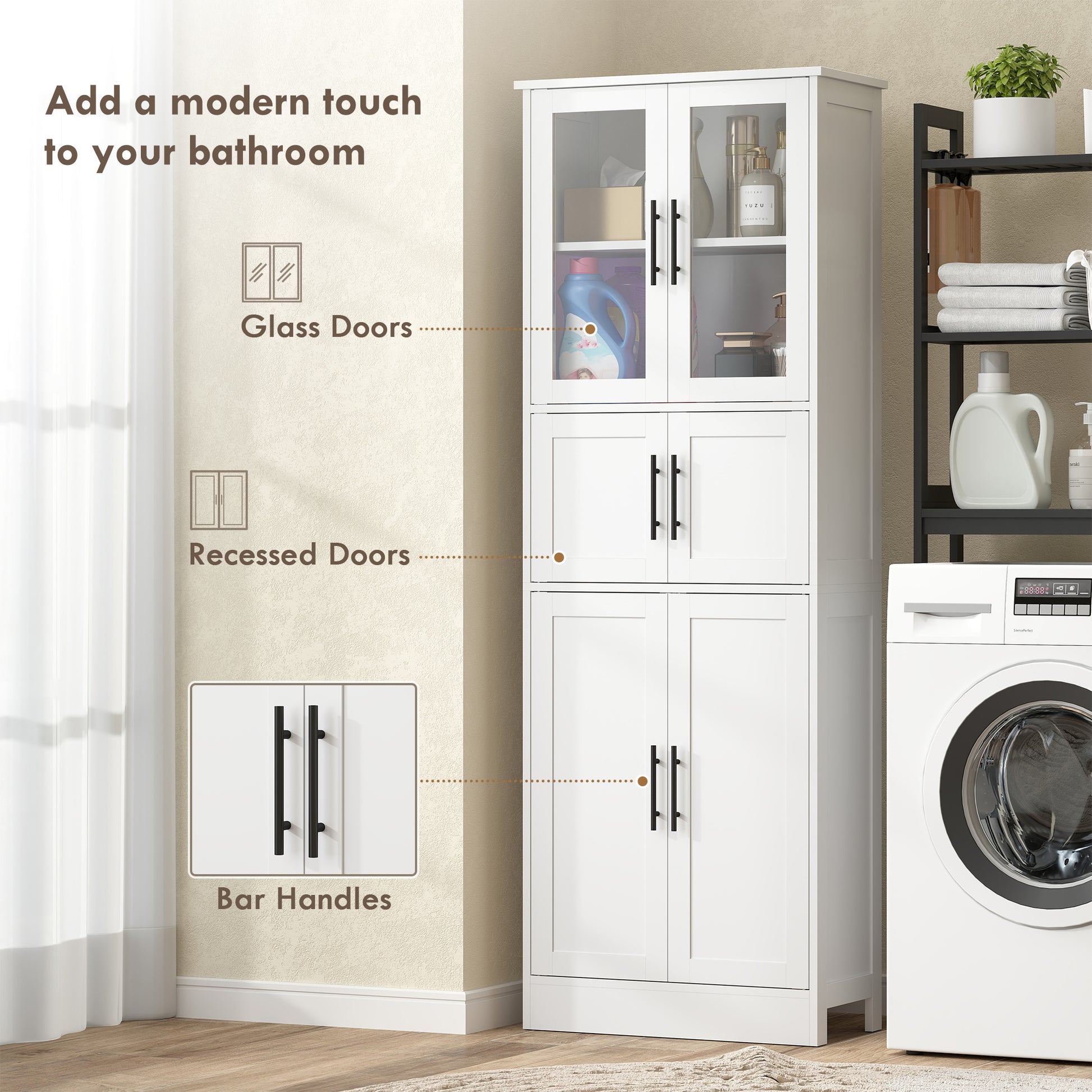 Bathroom Storage Cabinet 67" White Glass Doors-DECOROLALA