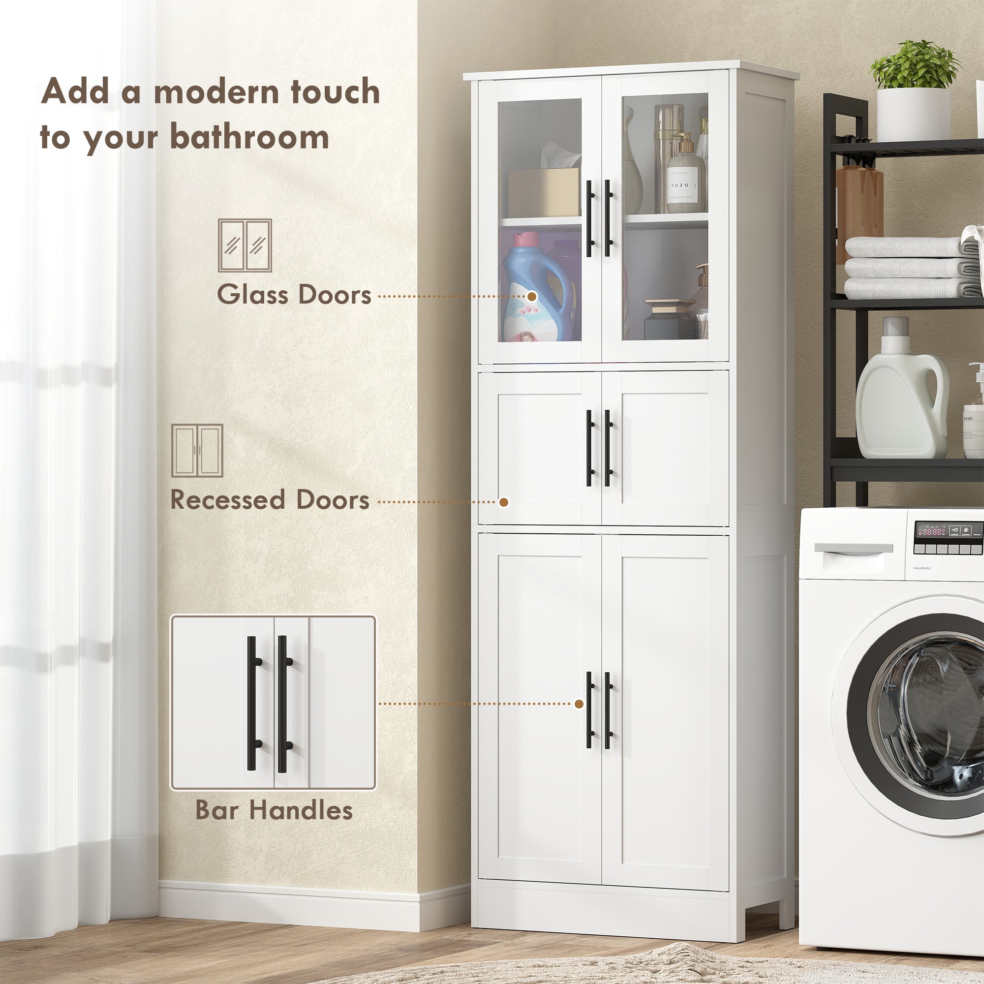 Bathroom Storage Cabinet 67" White Glass Doors-DECOROLALA