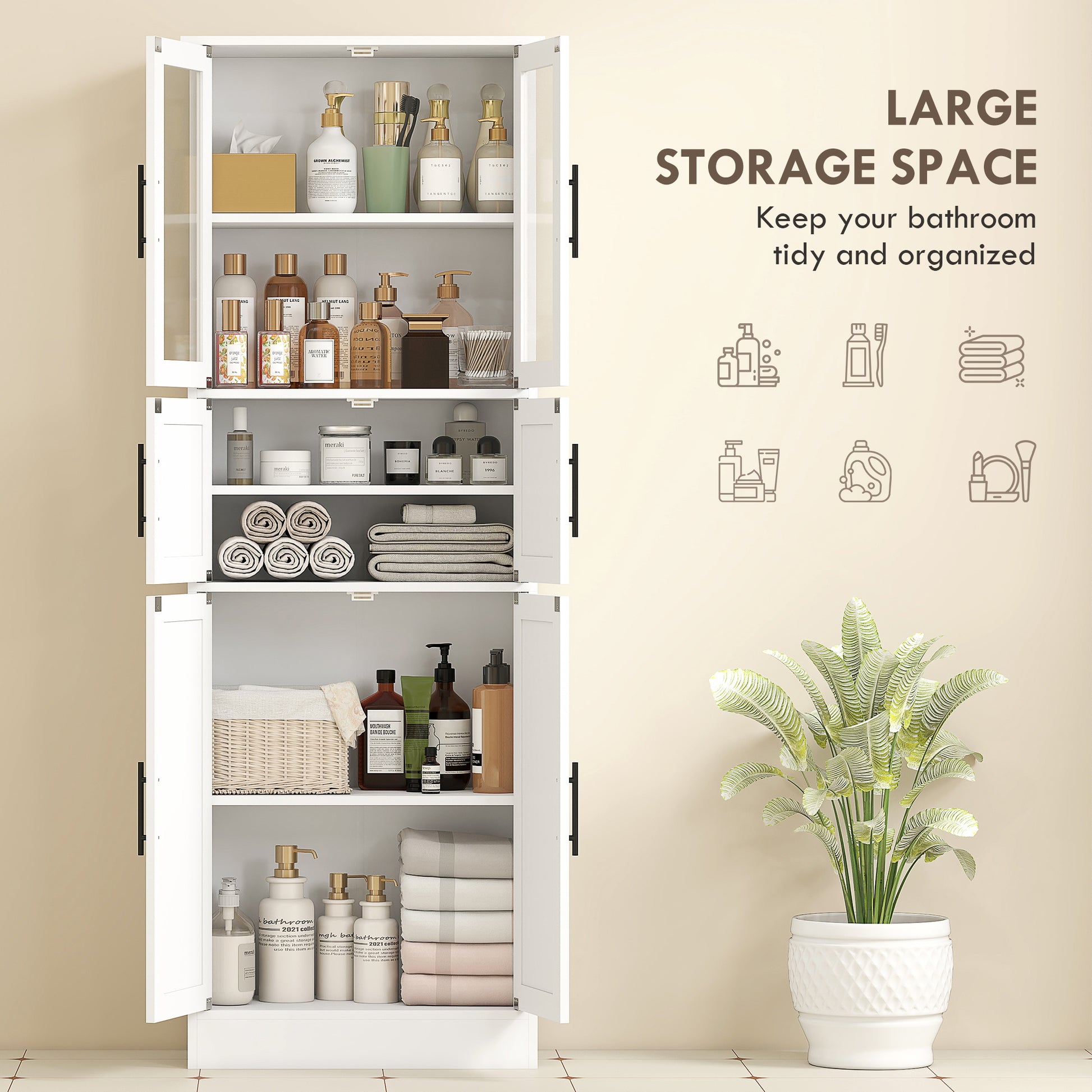 Bathroom Storage Cabinet 67" White Glass Doors-DECOROLALA