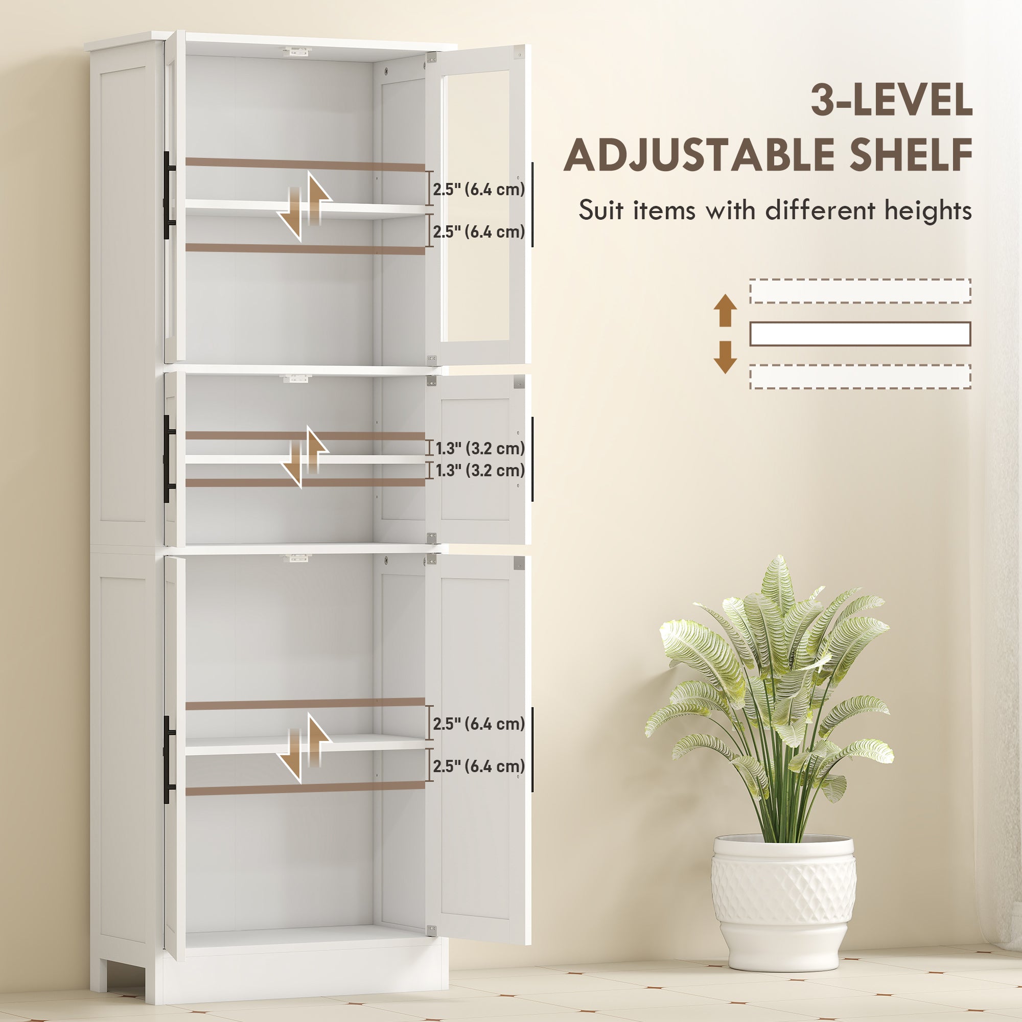 Bathroom Storage Cabinet 67" White Glass Doors-DECOROLALA