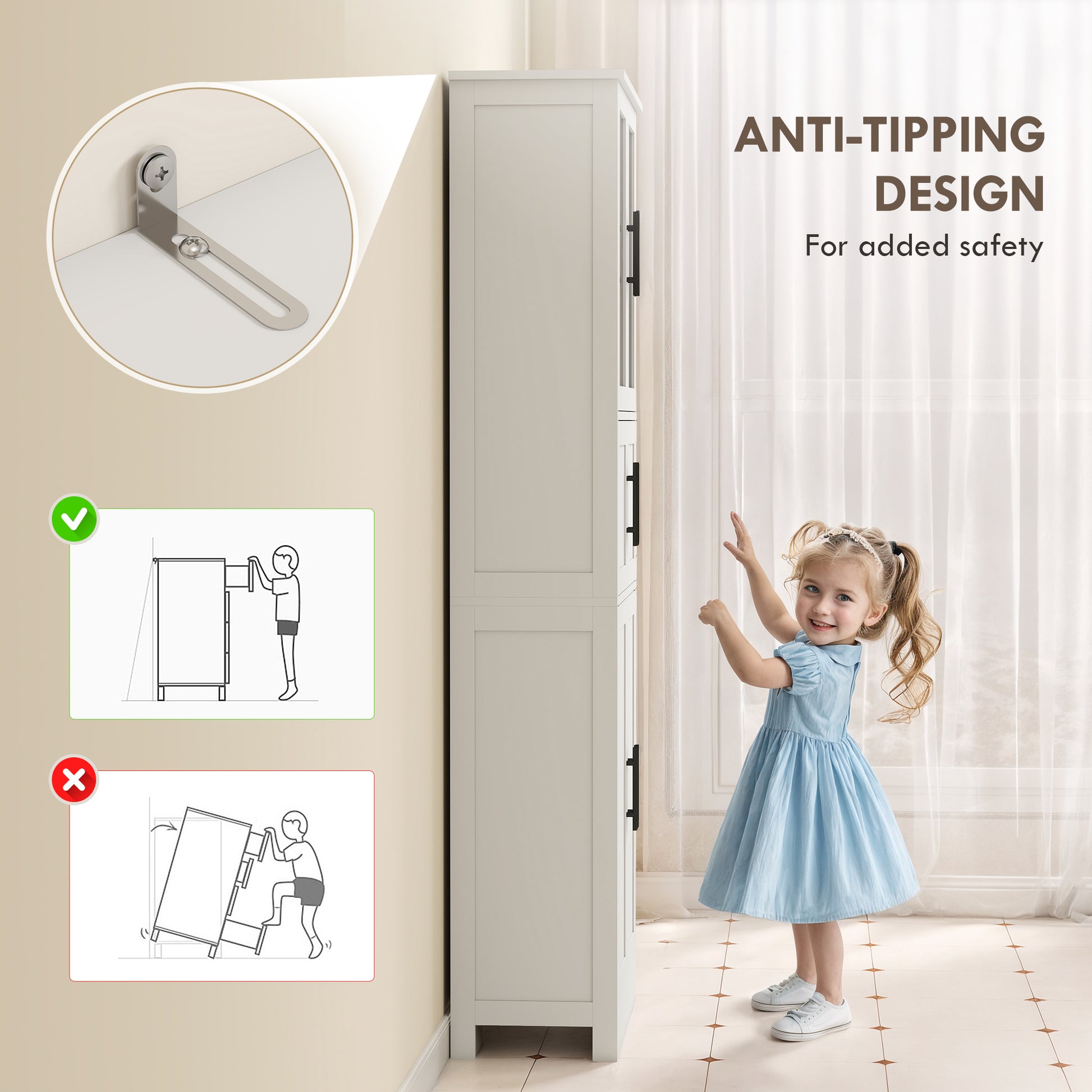 Bathroom Storage Cabinet 67" White Glass Doors-DECOROLALA