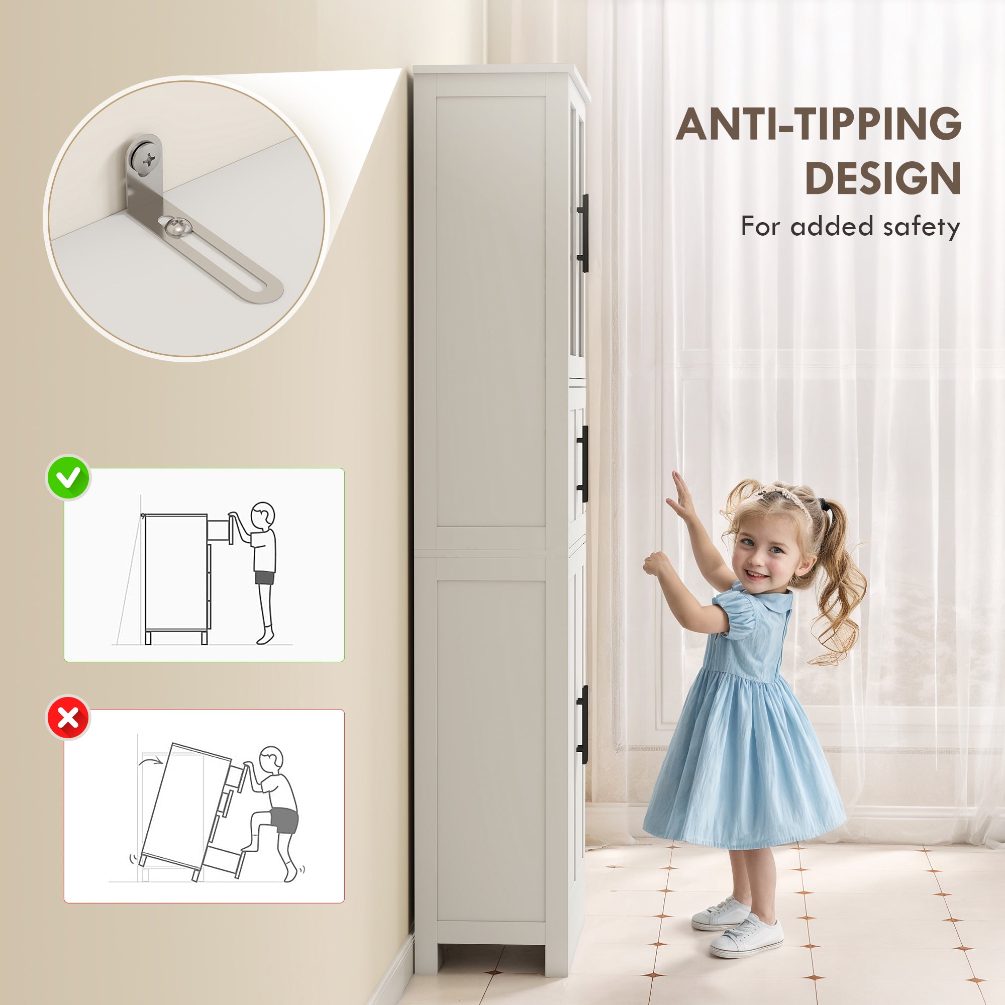 Bathroom Storage Cabinet 67" White Glass Doors-DECOROLALA