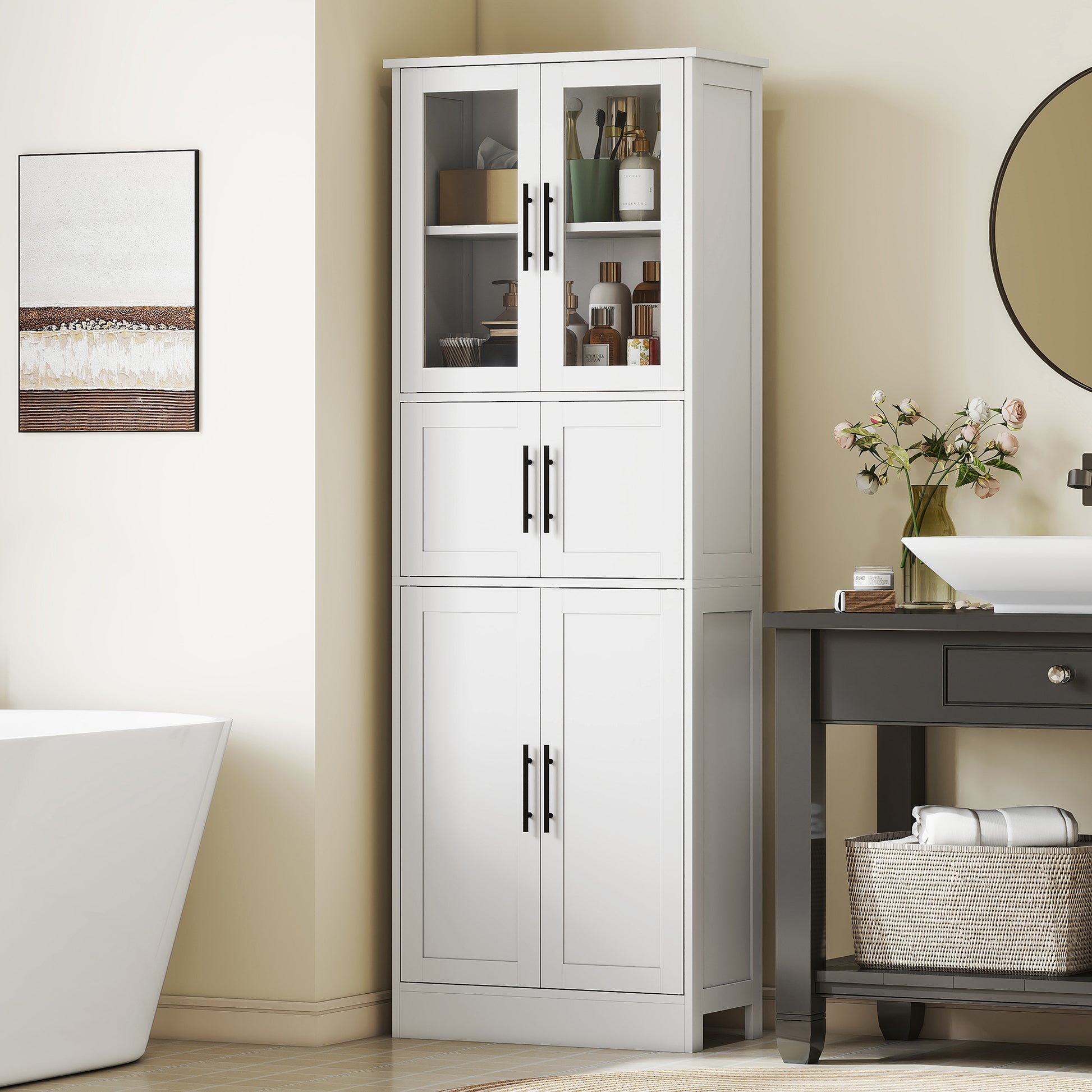 Bathroom Storage Cabinet 67" White Glass Doors-DECOROLALA