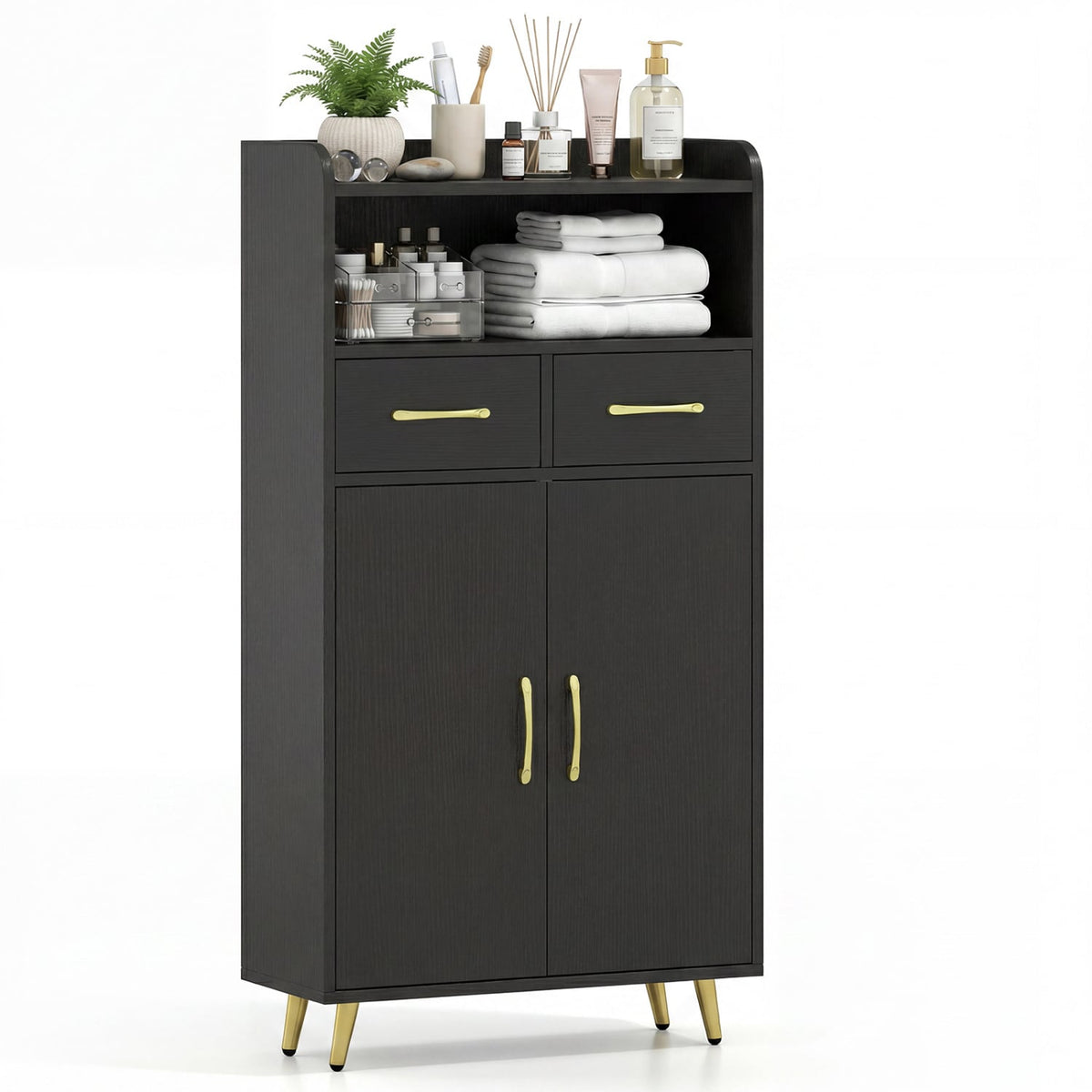 Bathroom Storage Cabinet - Black 2-Drawer Floor Cupboard 24"W-Floor Cabinets-DECOROLALA