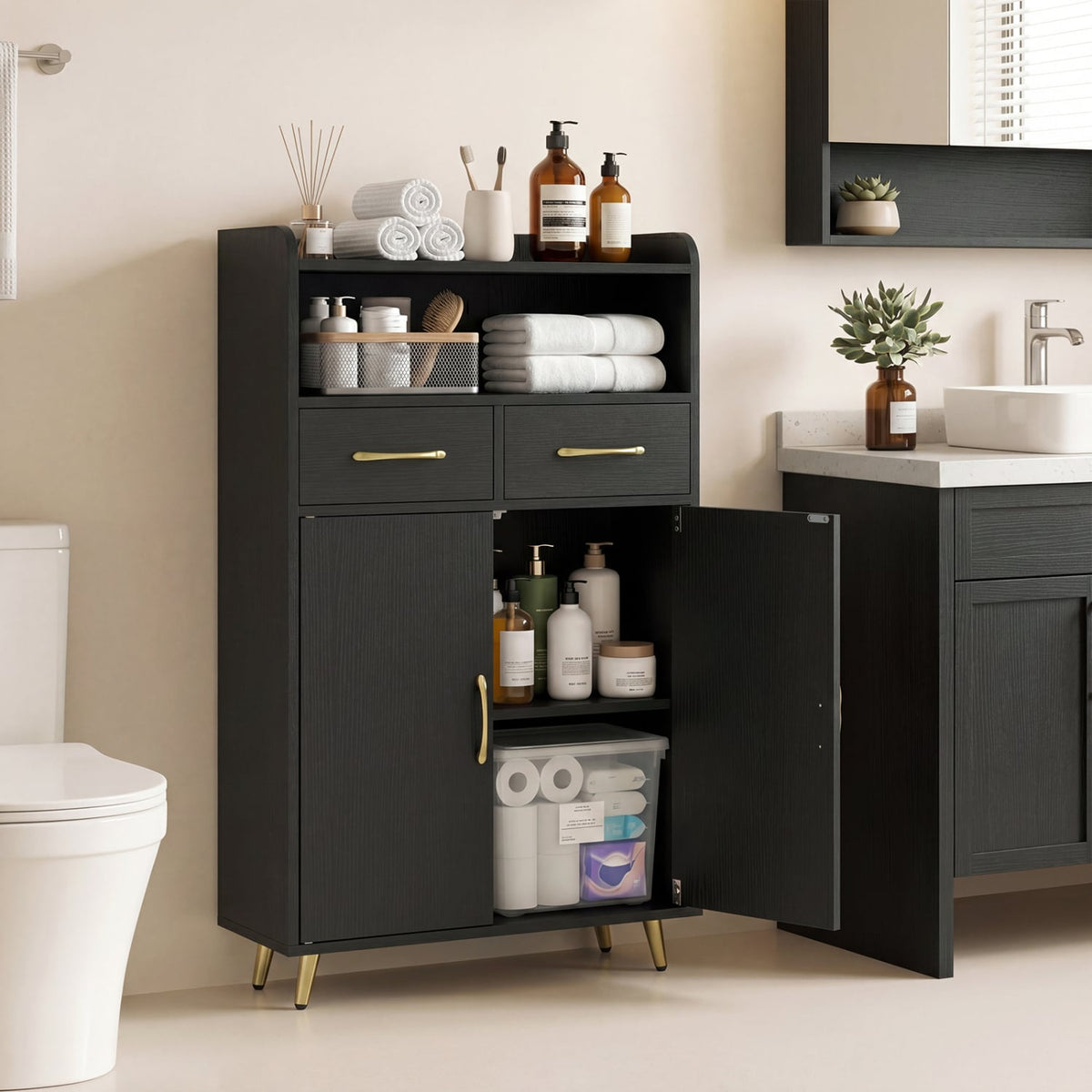 Bathroom Storage Cabinet - Black 2-Drawer Floor Cupboard 24"W-Floor Cabinets-DECOROLALA