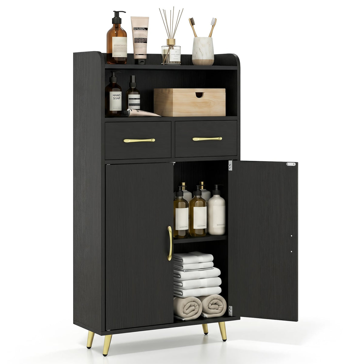 Bathroom Storage Cabinet - Black 2-Drawer Floor Cupboard 24"W-Floor Cabinets-DECOROLALA