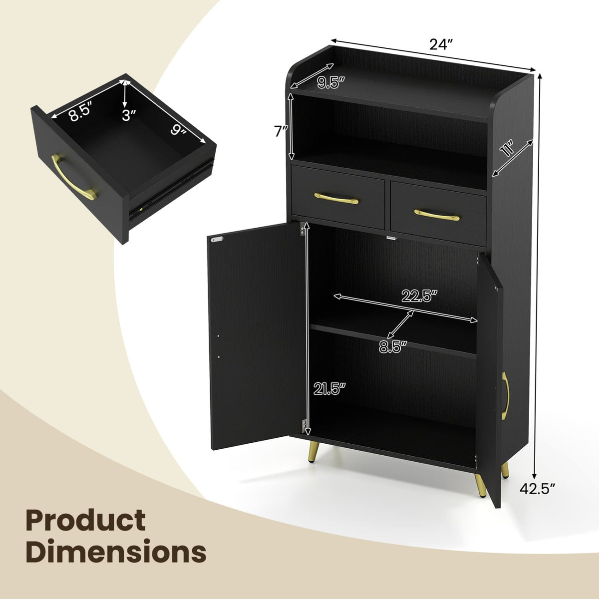 Bathroom Storage Cabinet - Black 2-Drawer Floor Cupboard 24"W-Floor Cabinets-DECOROLALA