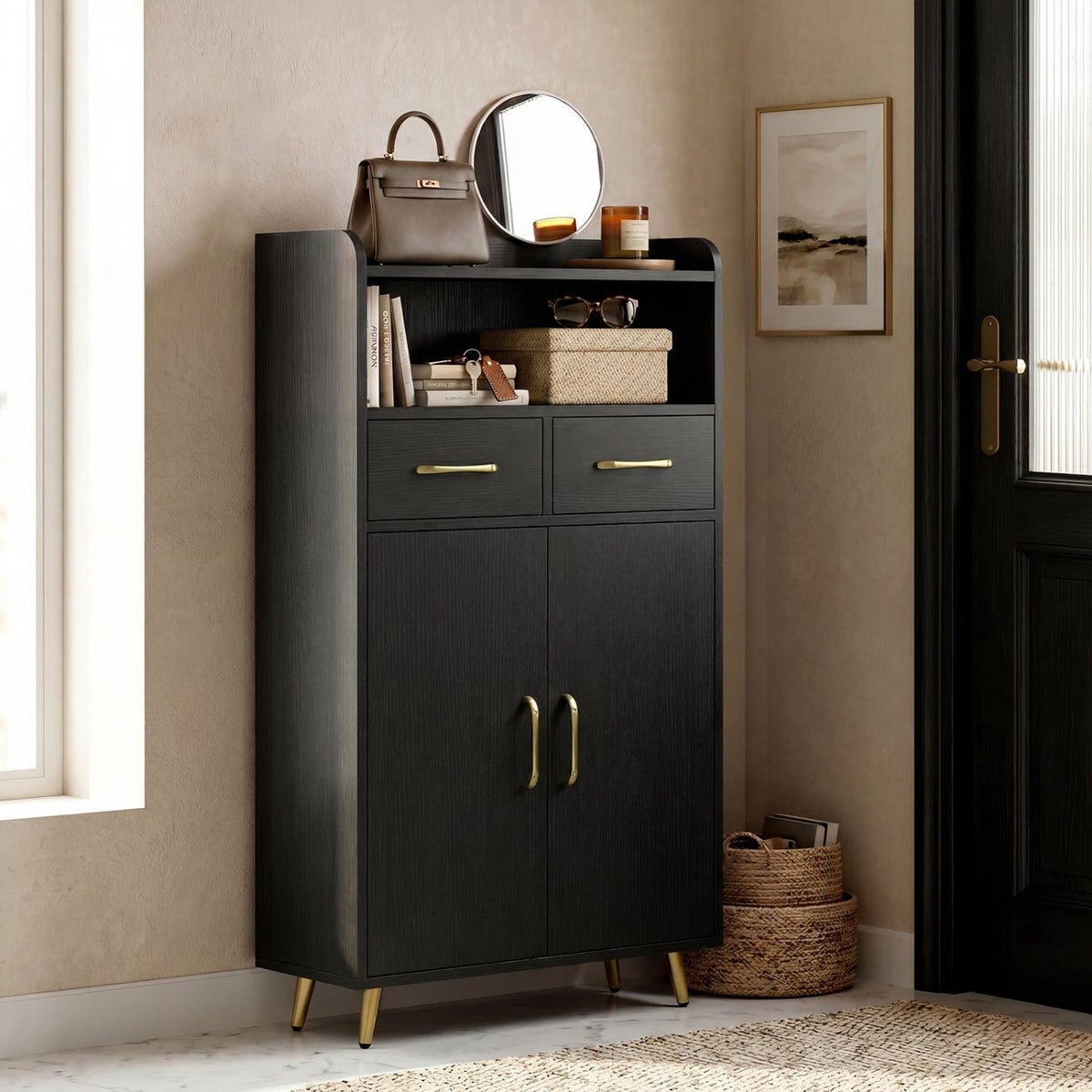 Bathroom Storage Cabinet - Black 2-Drawer Floor Cupboard 24"W-Floor Cabinets-DECOROLALA