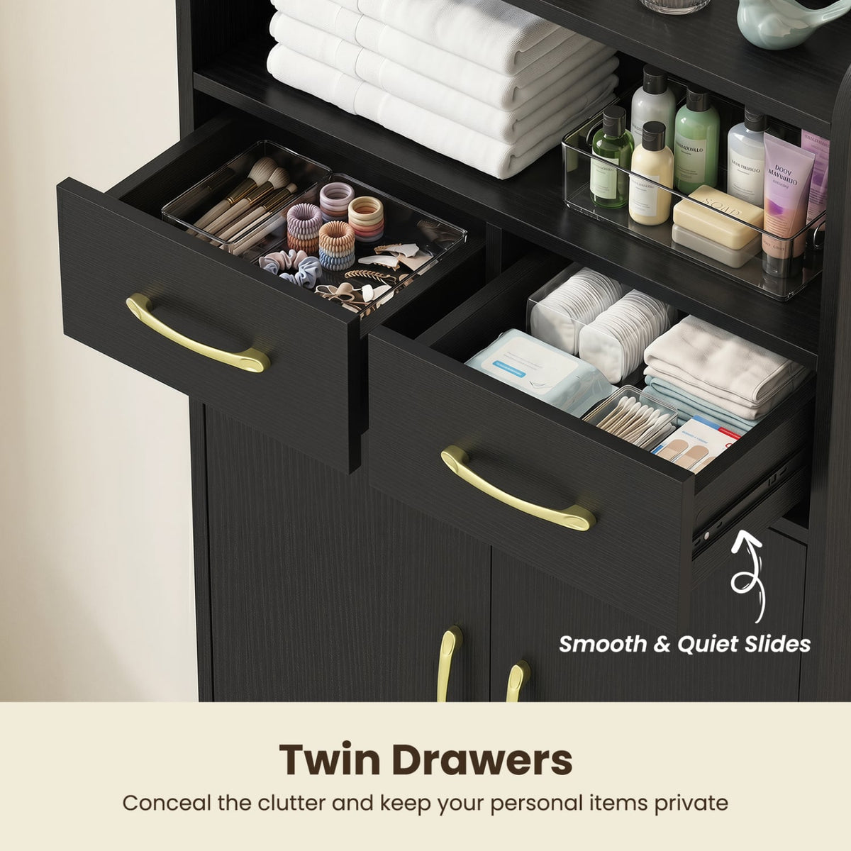 Bathroom Storage Cabinet - Black 2-Drawer Floor Cupboard 24"W-Floor Cabinets-DECOROLALA