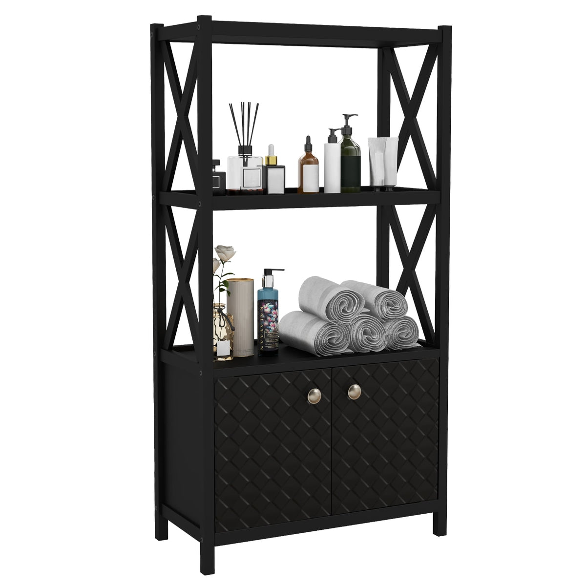 Bathroom Storage Cabinet - Black 25" Wood Floor Organizer-Bathroom Floor Cabinets-DECOROLALA