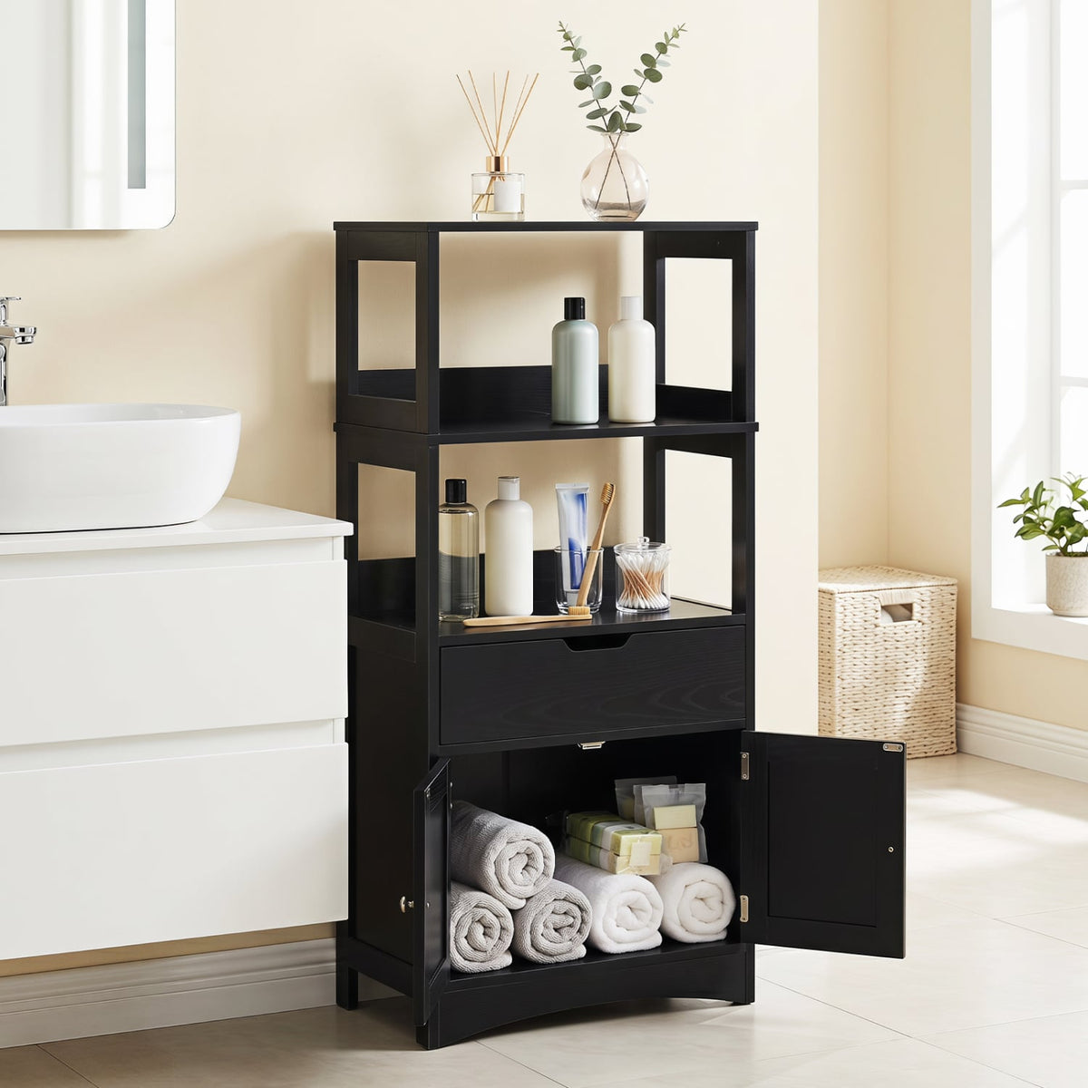 Bathroom Storage Cabinet - Black 48" Floor Cabinet with Drawer-Floor Cabinets-DECOROLALA
