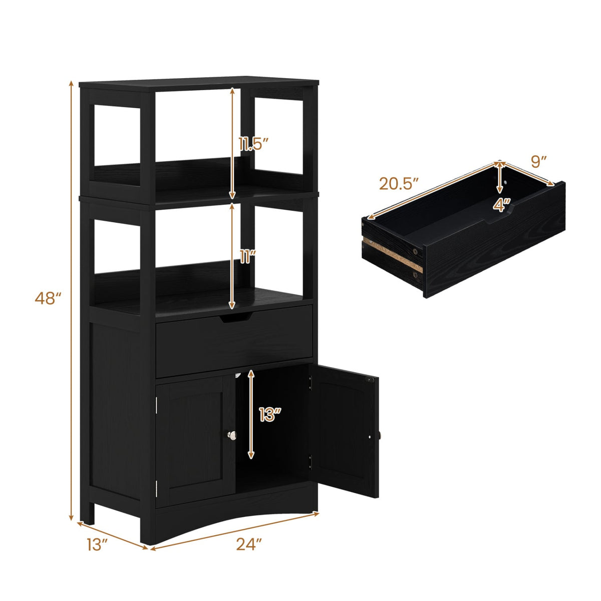 Bathroom Storage Cabinet - Black 48" Floor Cabinet with Drawer-Floor Cabinets-DECOROLALA