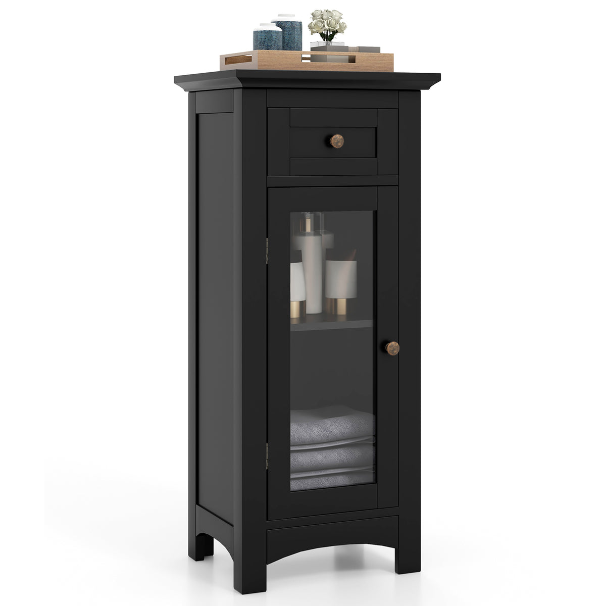 Bathroom Storage Cabinet - Black Glass Door & Drawer MDF-Floor Cabinets-DECOROLALA