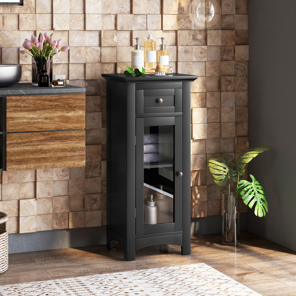 Bathroom Storage Cabinet - Black Glass Door & Drawer MDF-Floor Cabinets-DECOROLALA
