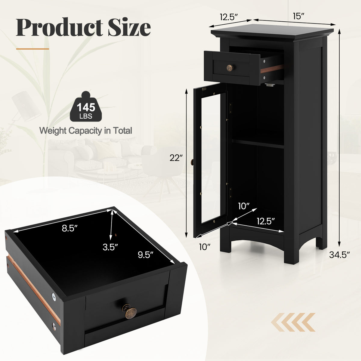 Bathroom Storage Cabinet - Black Glass Door & Drawer MDF-Floor Cabinets-DECOROLALA