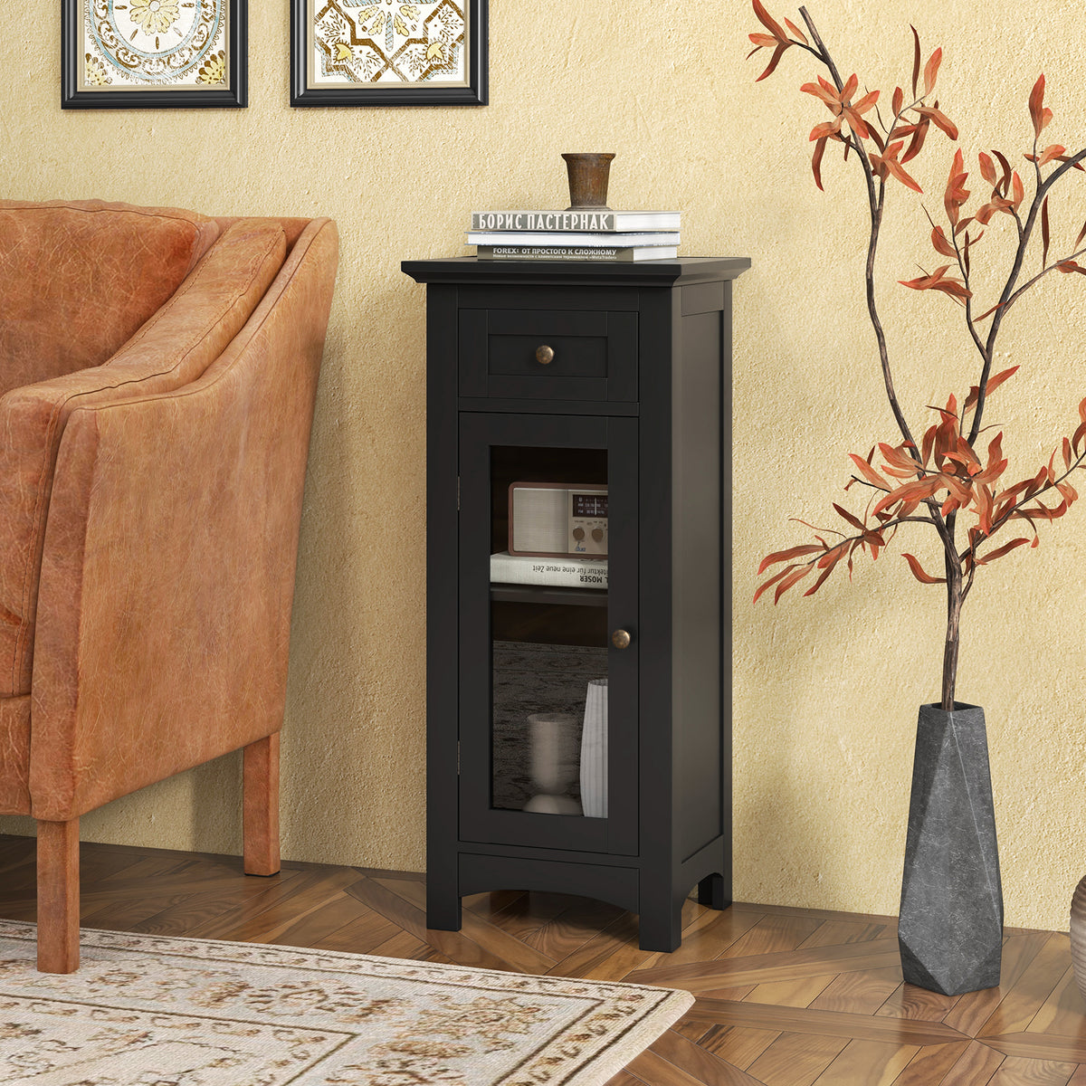 Bathroom Storage Cabinet - Black Glass Door & Drawer MDF-Floor Cabinets-DECOROLALA