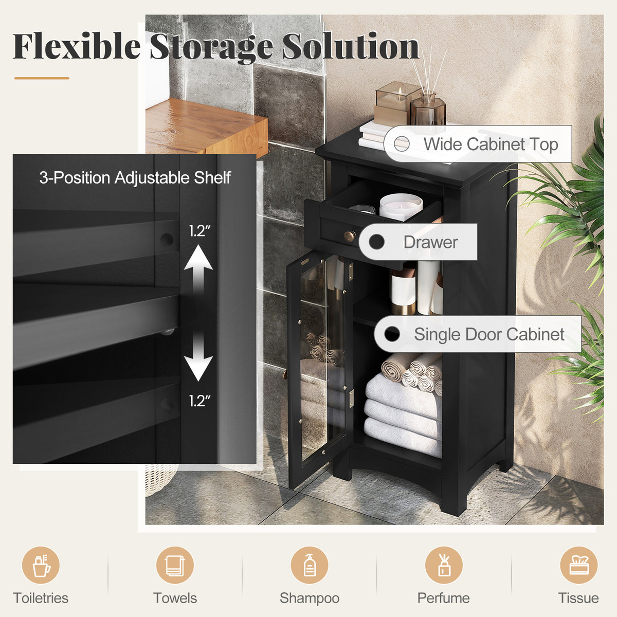 Bathroom Storage Cabinet - Black Glass Door & Drawer MDF-Floor Cabinets-DECOROLALA