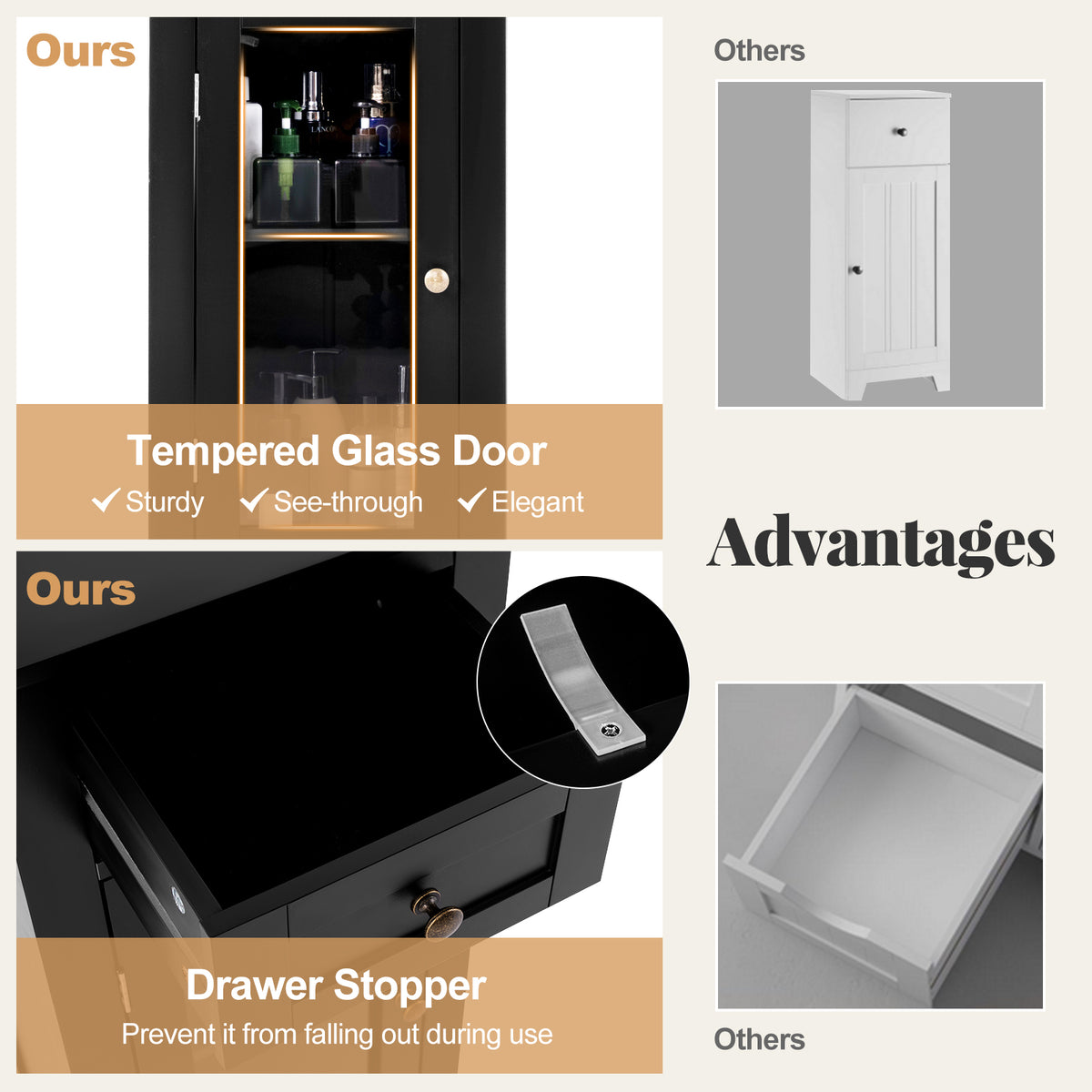 Bathroom Storage Cabinet - Black Glass Door & Drawer MDF-Floor Cabinets-DECOROLALA