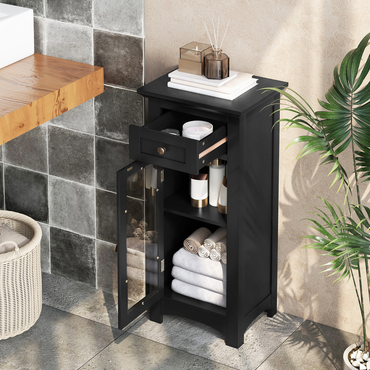 Bathroom Storage Cabinet - Black Glass Door & Drawer MDF-Floor Cabinets-DECOROLALA