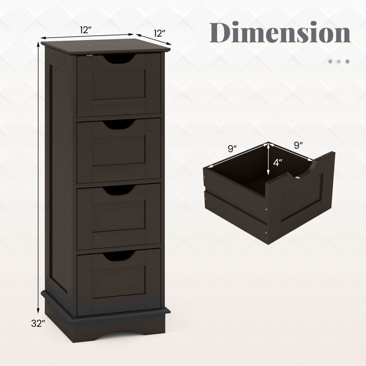 Bathroom Storage Cabinet - Brown 4-Drawer 12" x 12" x 32" MDF-Floor Cabinets-DECOROLALA