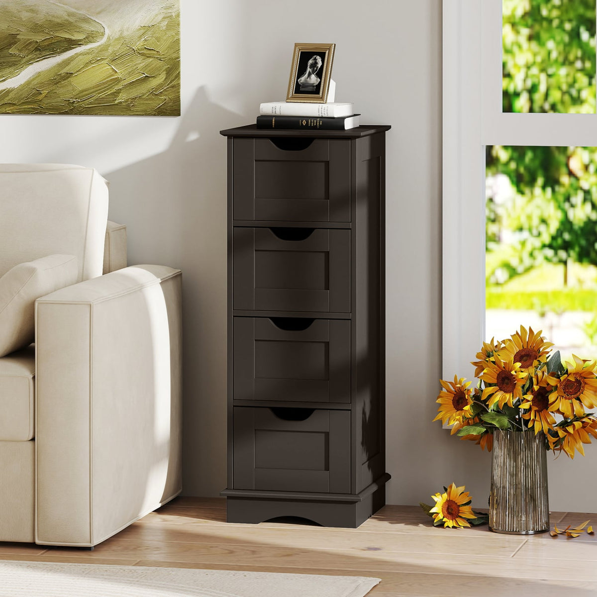 Bathroom Storage Cabinet - Brown 4-Drawer 12" x 12" x 32" MDF-Floor Cabinets-DECOROLALA