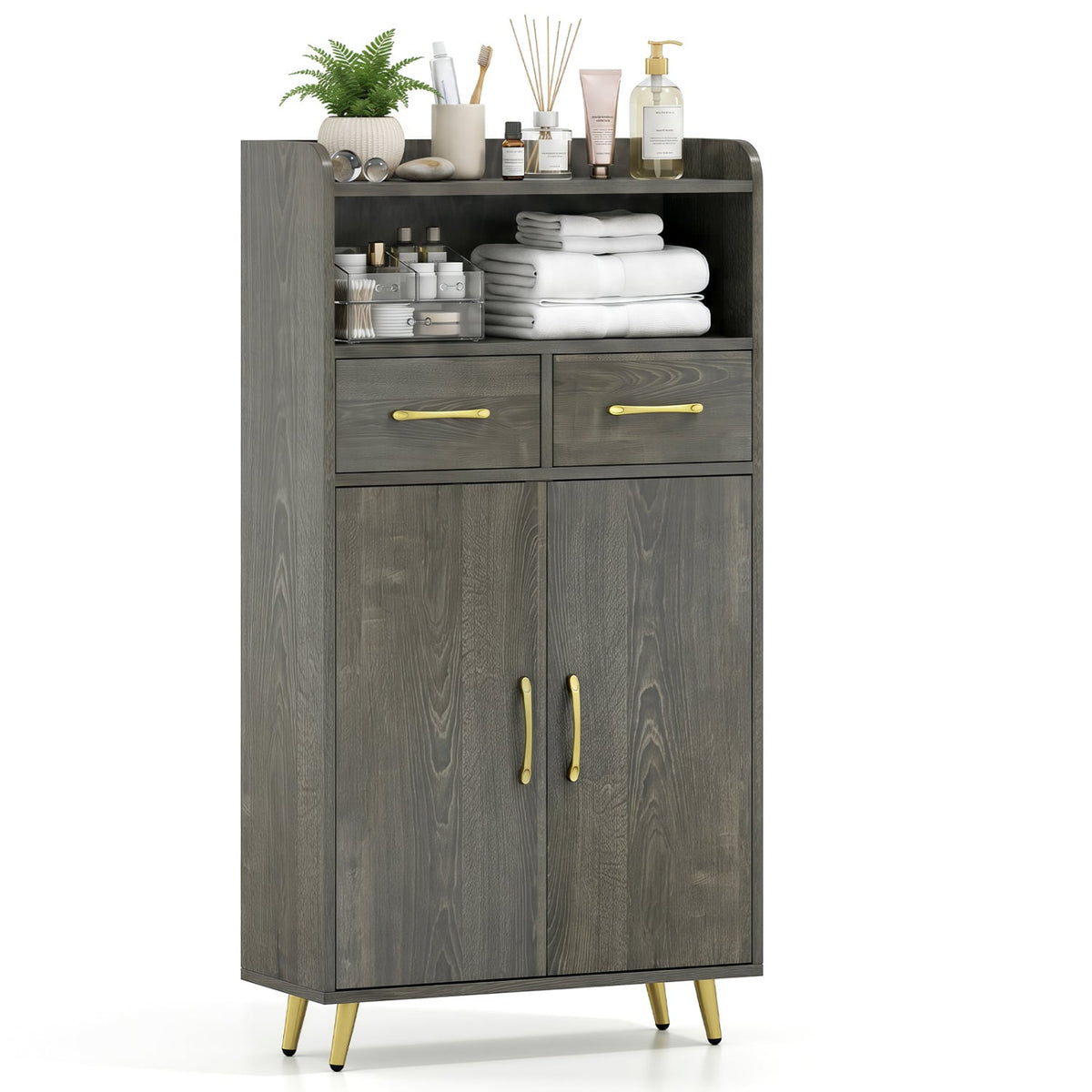 Bathroom Storage Cabinet - Gray Oak Floor Cabinet with 2 Drawers-Floor Cabinets-DECOROLALA