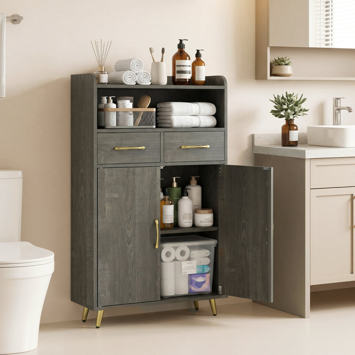 Bathroom Storage Cabinet - Gray Oak Floor Cabinet with 2 Drawers-Floor Cabinets-DECOROLALA