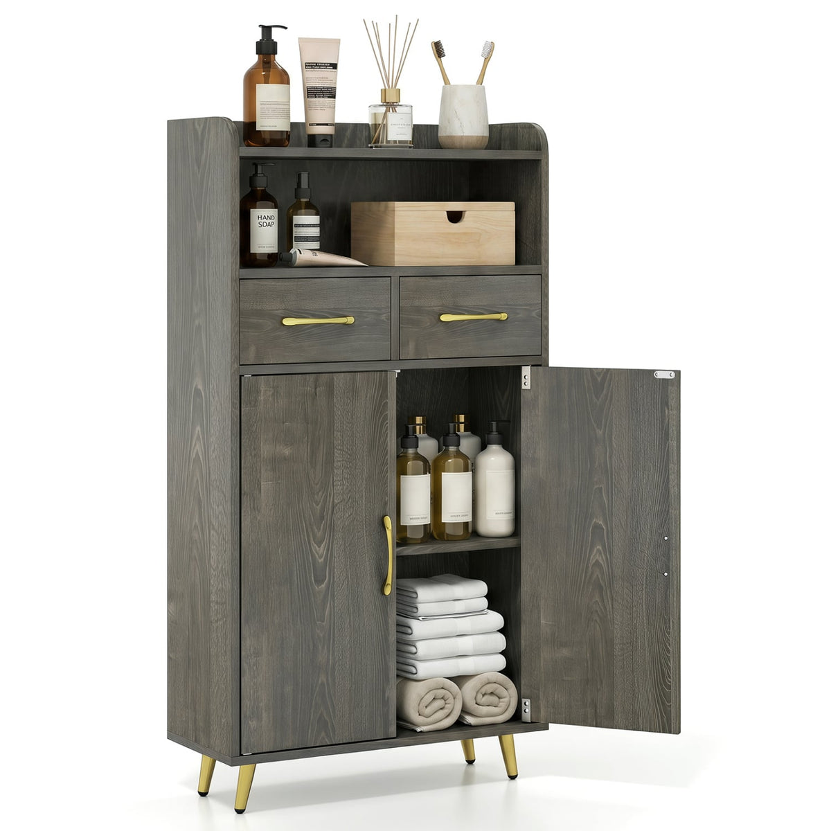 Bathroom Storage Cabinet - Gray Oak Floor Cabinet with 2 Drawers-Floor Cabinets-DECOROLALA