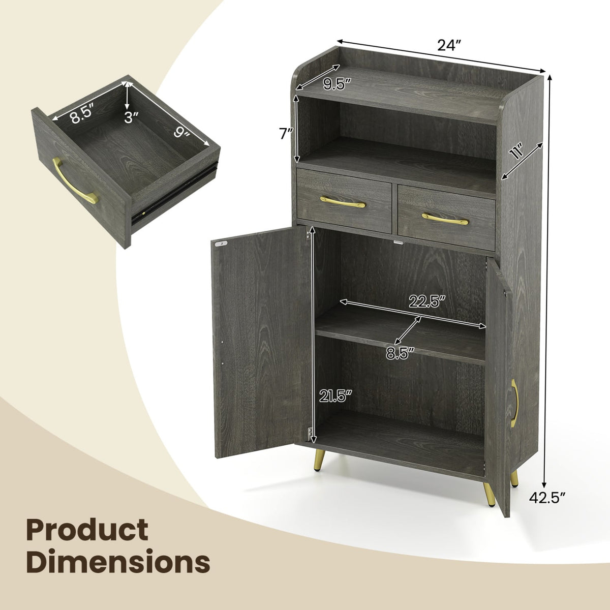 Bathroom Storage Cabinet - Gray Oak Floor Cabinet with 2 Drawers-Floor Cabinets-DECOROLALA