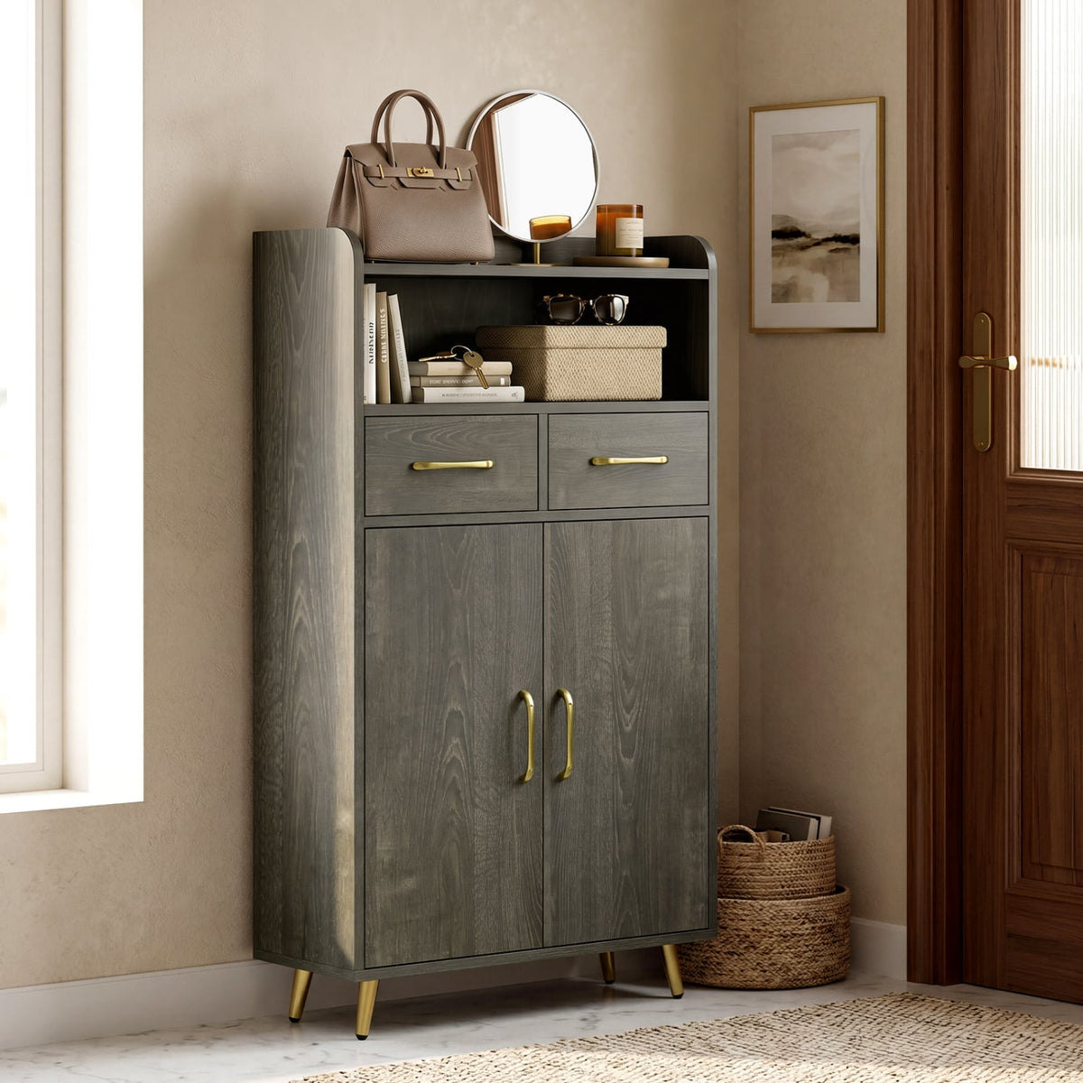 Bathroom Storage Cabinet - Gray Oak Floor Cabinet with 2 Drawers-Floor Cabinets-DECOROLALA