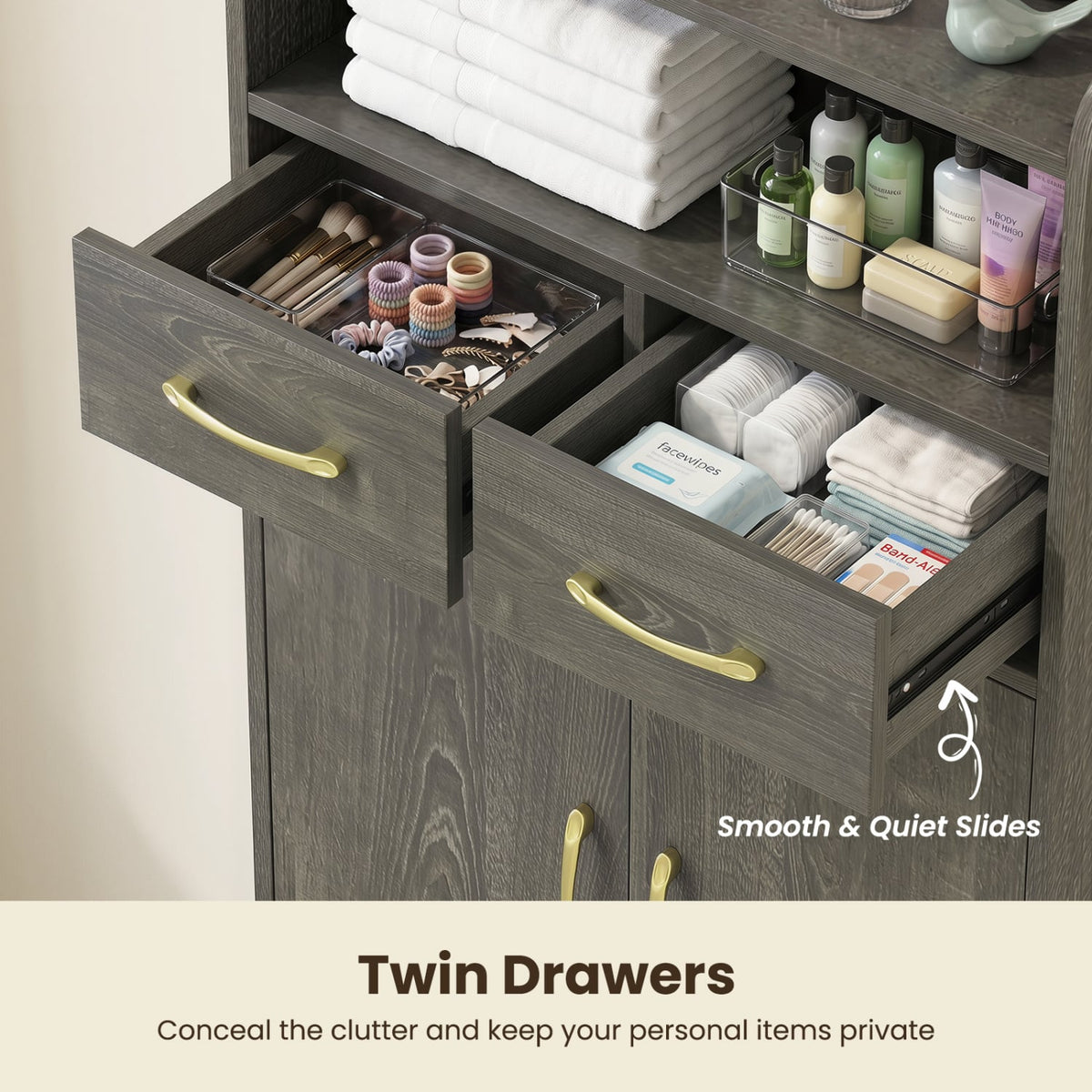 Bathroom Storage Cabinet - Gray Oak Floor Cabinet with 2 Drawers-Floor Cabinets-DECOROLALA