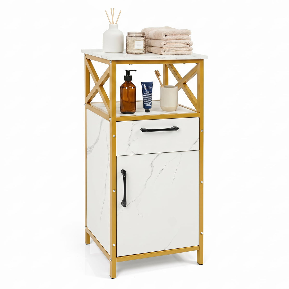 Bathroom Storage Cabinet - White & Gold Marble 14" x 31"-Bathroom Floor Cabinets-DECOROLALA