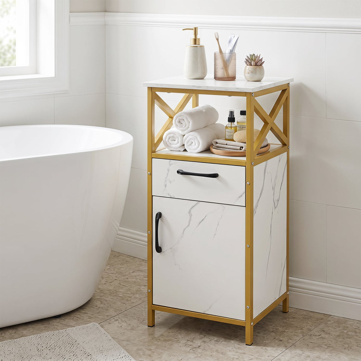 Bathroom Storage Cabinet - White & Gold Marble 14" x 31"-Floor Cabinets-DECOROLALA