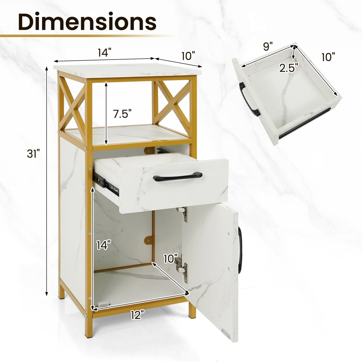 Bathroom Storage Cabinet - White & Gold Marble 14" x 31"-Floor Cabinets-DECOROLALA
