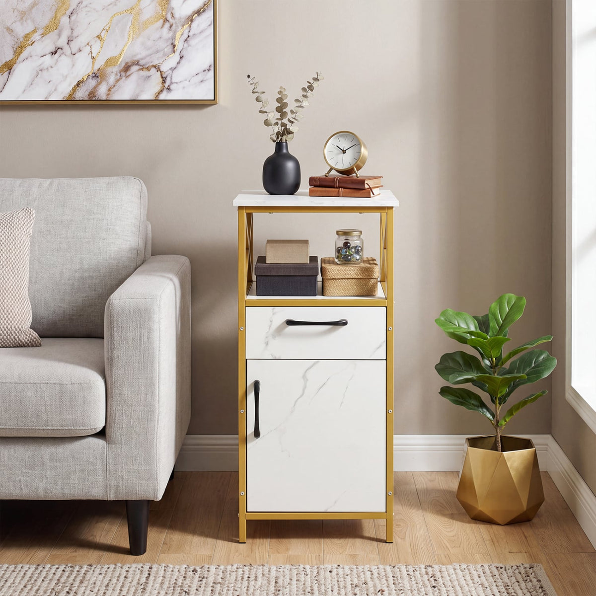 Bathroom Storage Cabinet - White & Gold Marble 14" x 31"-Floor Cabinets-DECOROLALA