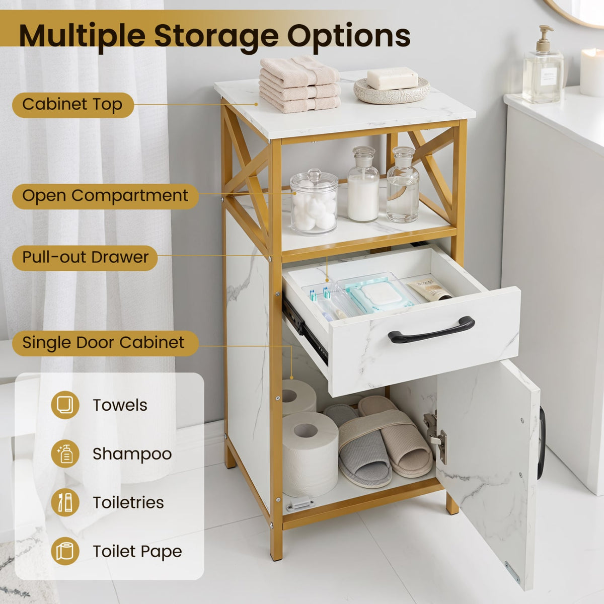 Bathroom Storage Cabinet - White & Gold Marble 14" x 31"-Floor Cabinets-DECOROLALA