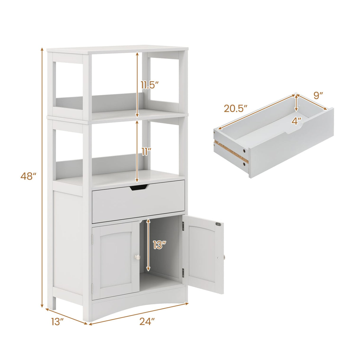Bathroom Storage Cabinet with 3 Open Shelves and Drawer - Gray-Floor Cabinets-DECOROLALA