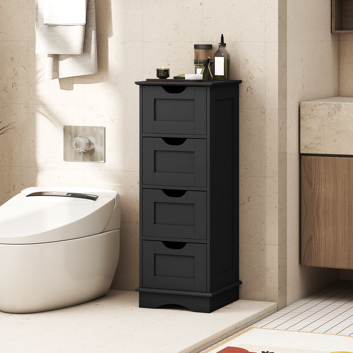 Bathroom Storage Cabinet with 4 Drawers - Black 12" x 32" MDF-Floor Cabinets-DECOROLALA