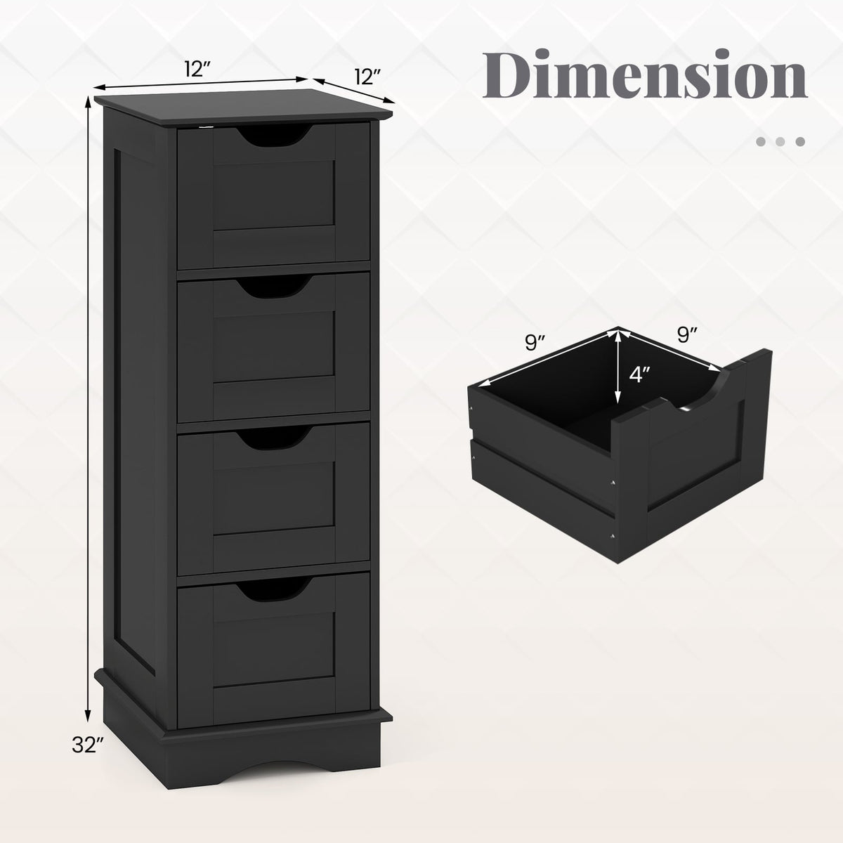 Bathroom Storage Cabinet with 4 Drawers - Black 12" x 32" MDF-Floor Cabinets-DECOROLALA