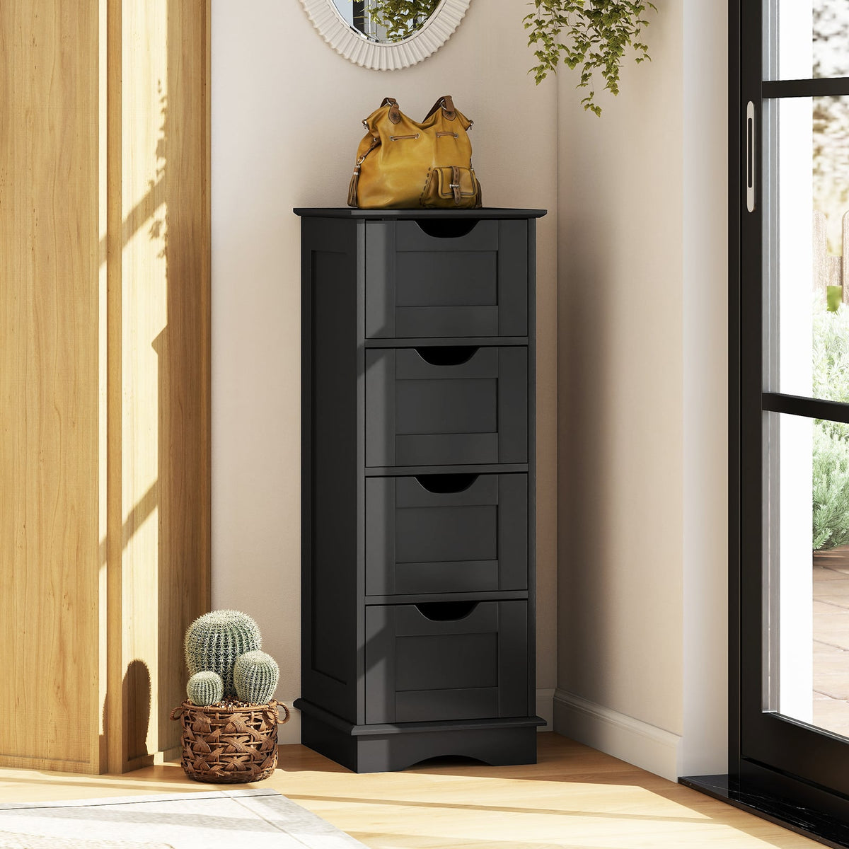 Bathroom Storage Cabinet with 4 Drawers - Black 12" x 32" MDF-Floor Cabinets-DECOROLALA