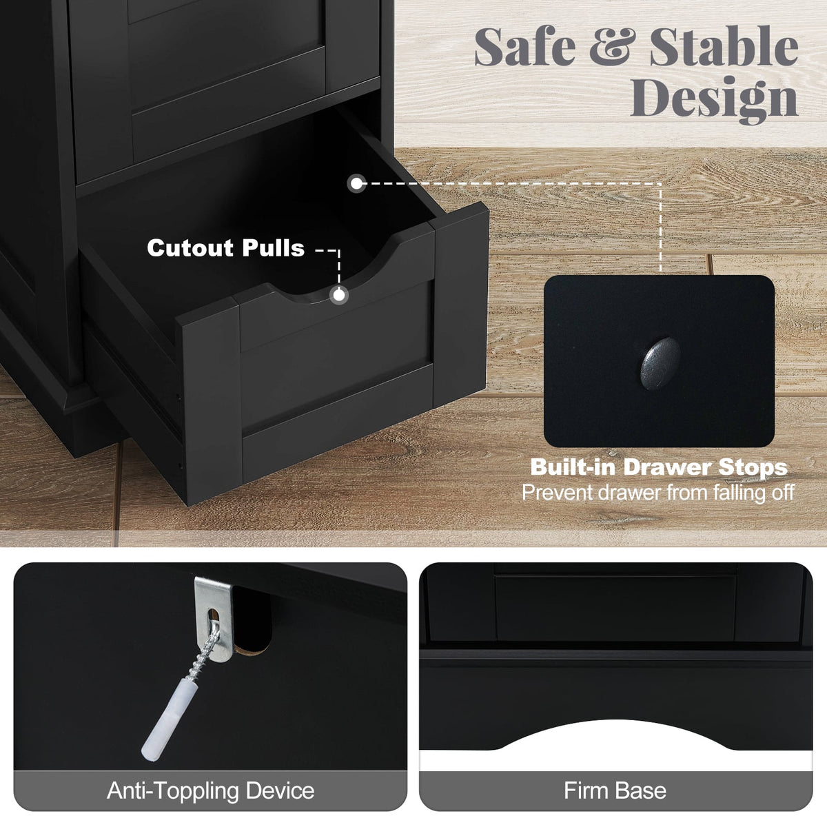 Bathroom Storage Cabinet with 4 Drawers - Black 12" x 32" MDF-Floor Cabinets-DECOROLALA