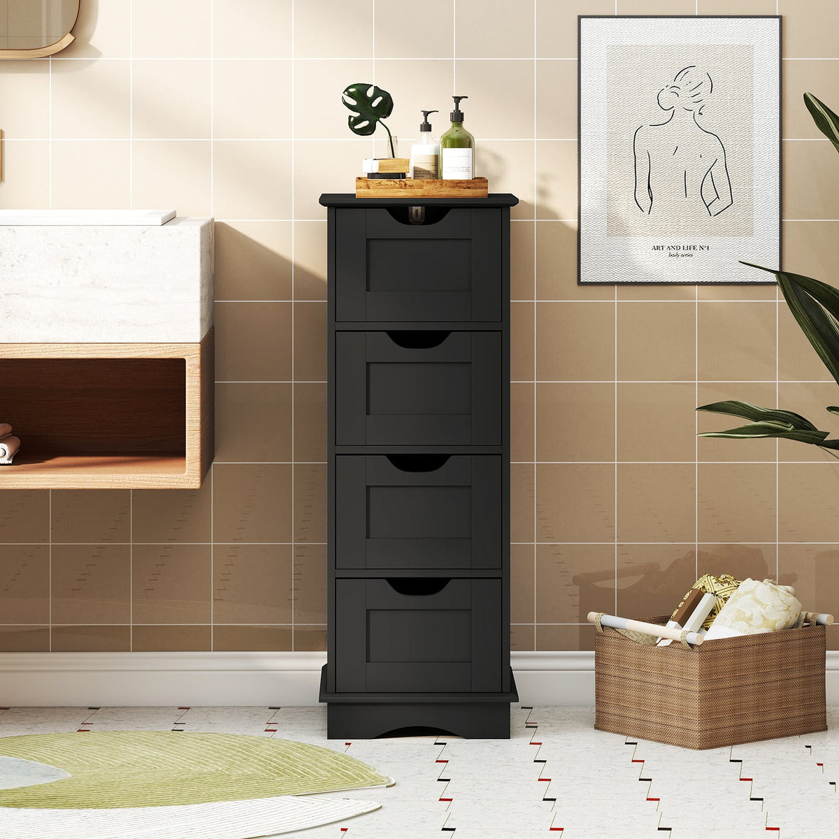 Bathroom Storage Cabinet with 4 Drawers - Black 12" x 32" MDF-Floor Cabinets-DECOROLALA