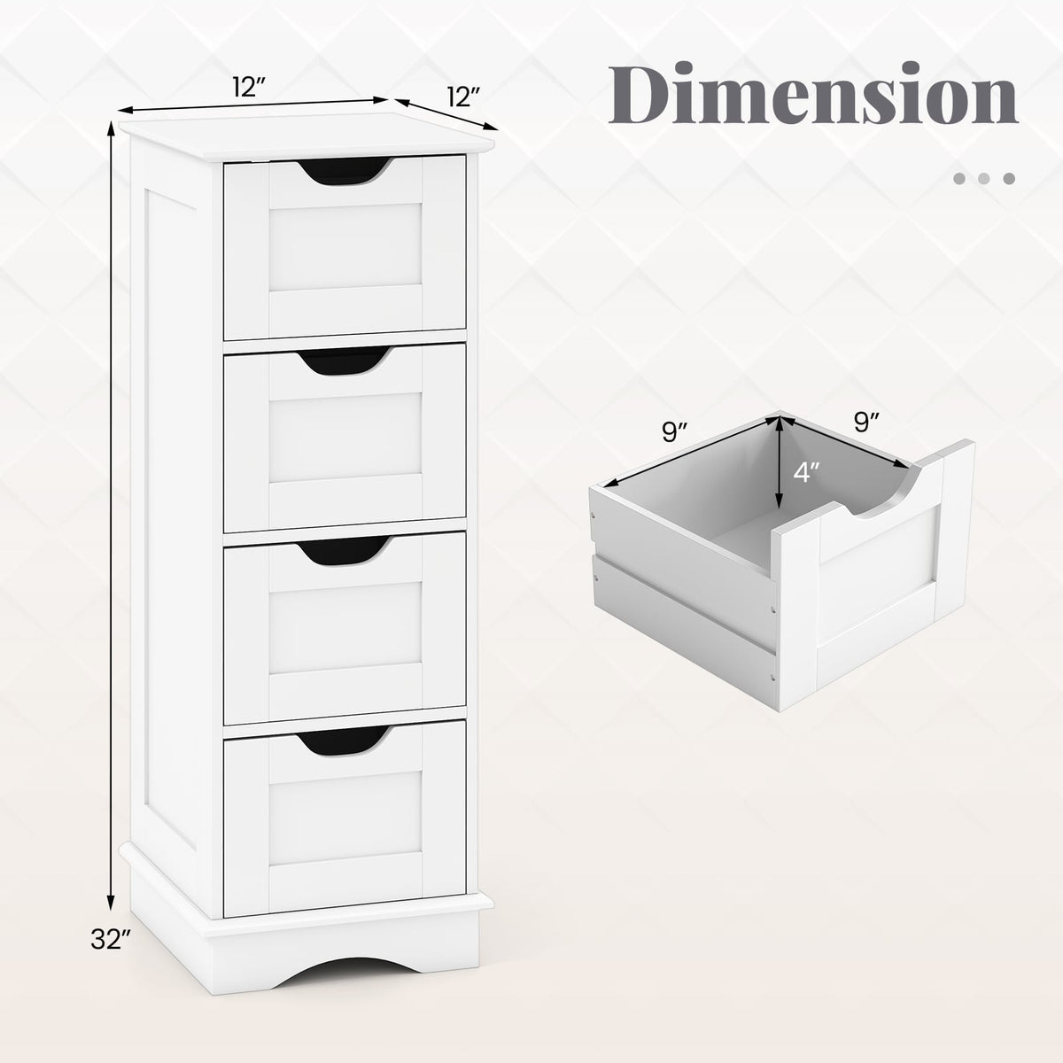Bathroom Storage Cabinet with 4 Drawers - White 12" x 12" x 32"-Floor Cabinets-DECOROLALA
