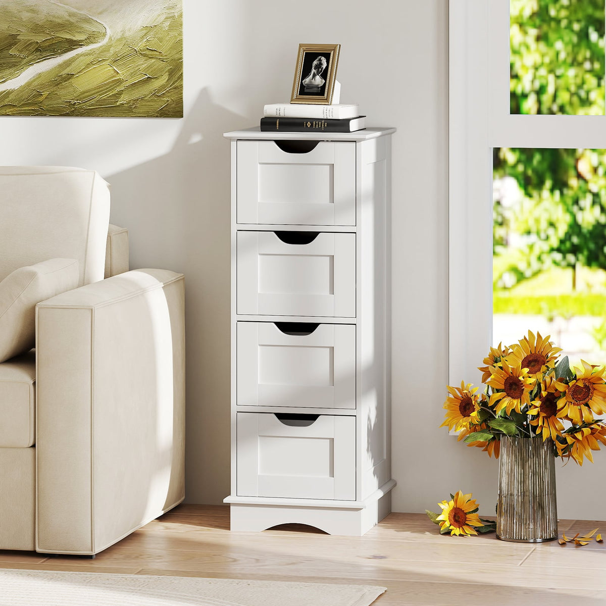 Bathroom Storage Cabinet with 4 Drawers - White 12" x 12" x 32"-Floor Cabinets-DECOROLALA
