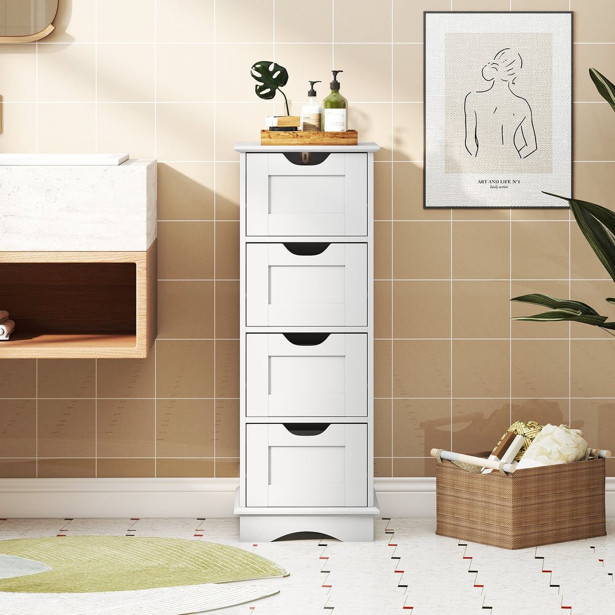 Bathroom Storage Cabinet with 4 Drawers - White 12" x 12" x 32"-Floor Cabinets-DECOROLALA