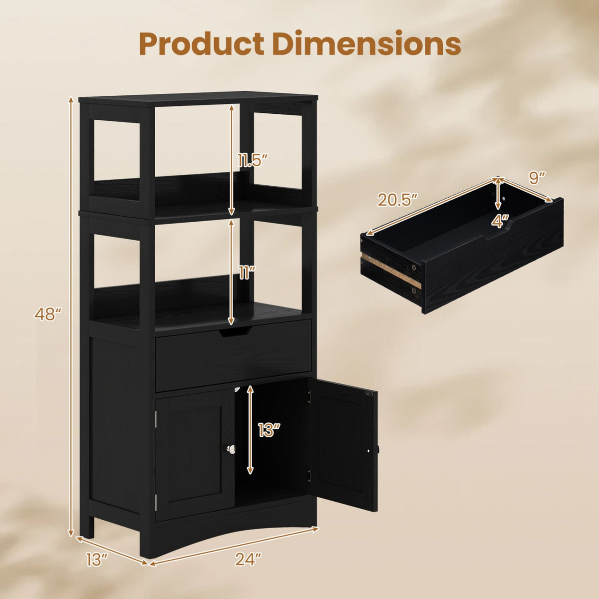 Bathroom Storage Cabinet with Drawer and Shelf Floor Cabinet-Black-Floor Cabinets-DECOROLALA