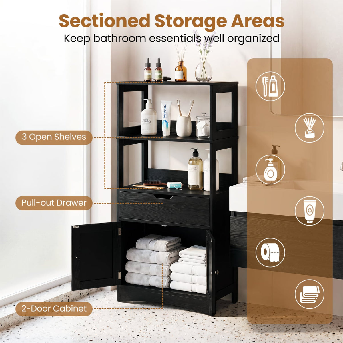 Bathroom Storage Cabinet with Drawer and Shelf Floor Cabinet-Black-Floor Cabinets-DECOROLALA