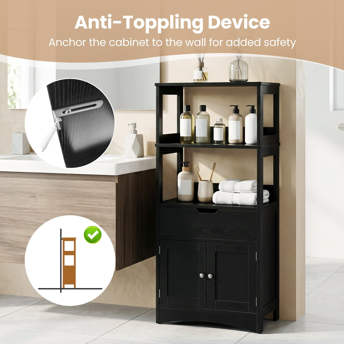 Bathroom Storage Cabinet with Drawer and Shelf Floor Cabinet-Black-Floor Cabinets-DECOROLALA